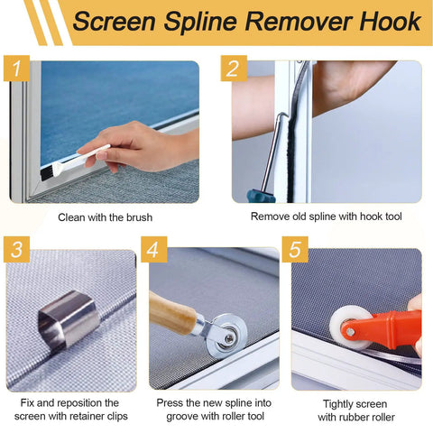 Ultimate DIY Window Screen Repair Kit 14Pcs Set With Spline Tools, Rolling Tool using groove brush, hook tool, nylon wheels