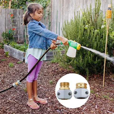 Child using Garden Hose Repair Kit With Quick Connectors No Fuss All Metal Aluminum Mender Fittings Zinc Clamp System for hoses