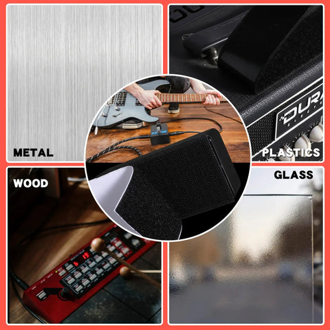 Heavy Duty Guitar Pedalboard Mounting Tape With Adhesive Hook And Loop Strips Keeps Effects Pedals Secure On Your Board 2 Inch Wide By 6.6 Feet Long Durable Grip Tape For Reliable Tone On The Road, shown securing pedals on various surfaces like metal, plastic, wood, and glass.
