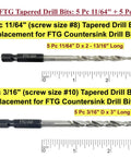 Woodworking Tapered Countersink Drill Bit Set, 10 Piece Pack With Five 11/64 Inch And Five 3/16 Inch Bits displayed with rulers.