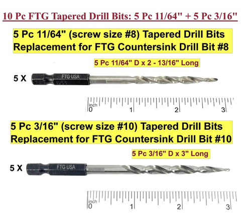 Woodworking Tapered Countersink Drill Bit Set, 10 Piece Pack With Five 11/64 Inch And Five 3/16 Inch Bits displayed with rulers.
