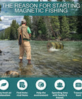 Front view of Neosmuk black fishing magnet on rope (2-inch neodymium) lifting a submerged drum from a river.