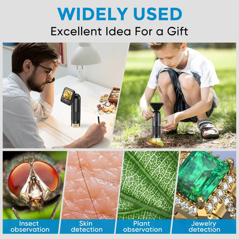 800X Handheld Digital Microscope With 2 Inch LCD Screen, Adjustable LED Lights, Pocket Microscope For Curious Kiddos, Coin Magnifier Camera, USB To PC, Great For STEM Projects And Immersive Micro World Exploration showing kid and adult use