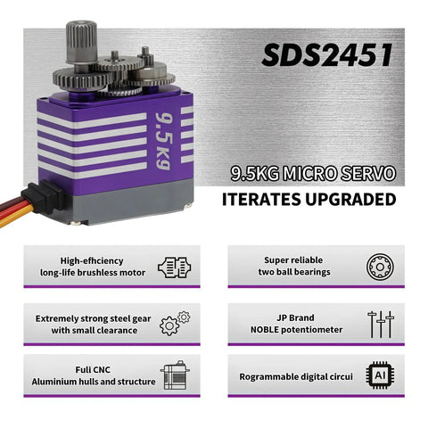Beefed Up Micro Brushless Servo Motor SDS2451 with metal case, 9.5Kg torque, 0.07s response, digital RC servo for helicopters, cars, boats