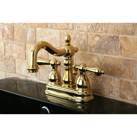 Heritage Classic 4-Inch Centerset Lavatory Faucet With Metal Lever Handle In Polished Brass, Deck Mount 3-Hole Installation, Drip-Free Washerless Cartridge, Includes Pop-Up Drain And Mounting Hardware
