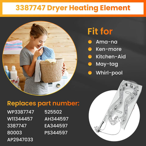 Dryer Heating Element Replacement for Kenmore Whirlpool Maytag Fits 3387747 WP3387747 PS11741416 displayed next to compatible brands list