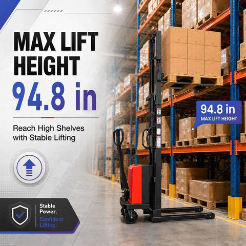 Heavy Duty Semi Electric Pallet Stacker Brings Built Different Capacity To Your Warehouse 48V Battery Powers Smooth Forklift Action For Night Shift Hauls And Bulk Cargo Moves No Cap At All with a max lift height of 94.8 inches.