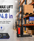 Heavy Duty Semi Electric Pallet Stacker 3300 Lb Heavy Hitter Capacity 48V Battery Powered in warehouse lifting 94.8 inches.