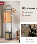 Coat Rack Stand With Wooden Base And Rattan Design Three In One Clothes Organizer With Six Hooks Small Rack For Living Room Bedroom Or Office Black Space Saver For Entryways And Small Spaces next to sofa