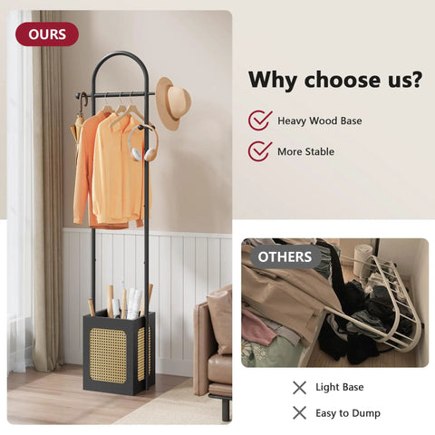 Coat Rack Stand With Wooden Base And Rattan Design Three In One Clothes Organizer With Six Hooks Small Rack For Living Room Bedroom Or Office Black Space Saver For Entryways And Small Spaces next to sofa
