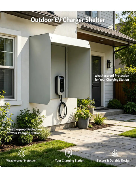 Heavy Duty Outdoor Ev Charger Rain Cover Featuring Galvanized Steel Construction And Wall Mount Spacing For Nasty Weather And Hella Tough Type Two Housing on a home wall.