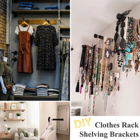 Heavy Duty Cast Iron Wall Mounted Clothes Rack Set Industrial Pipe Garment Racks for Wardrobe Organization with necklaces and hangers