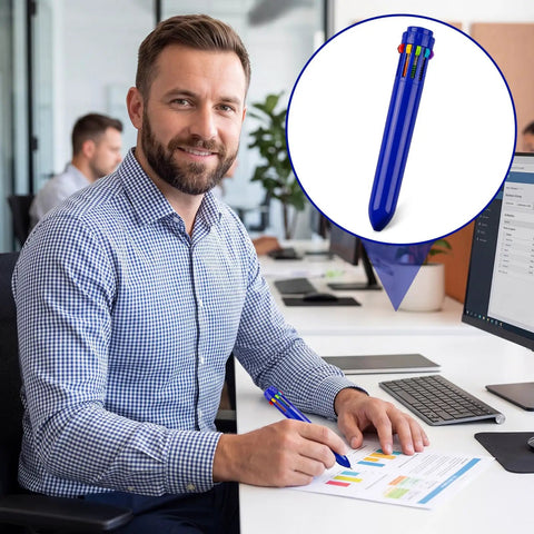 10 In 1 Multicolor Retractable Ballpoint Pens Set With 0.7mm Tips Navy Blue Barrel Includes Black Blue Red Orange Yellow Pink Brown Light