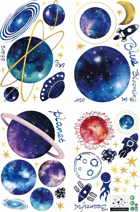 Galaxy Wall Sticker For Kids Room Removable 3D Milky Way Space Decor featuring planets, stars, and rockets on PVC sheet, 24x36 in