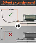 10 ft 1875W 14 Gauge Flat Plug Extension Cord, 15A Black in use with microwave, UL Listed RoHS, space saving design shown.