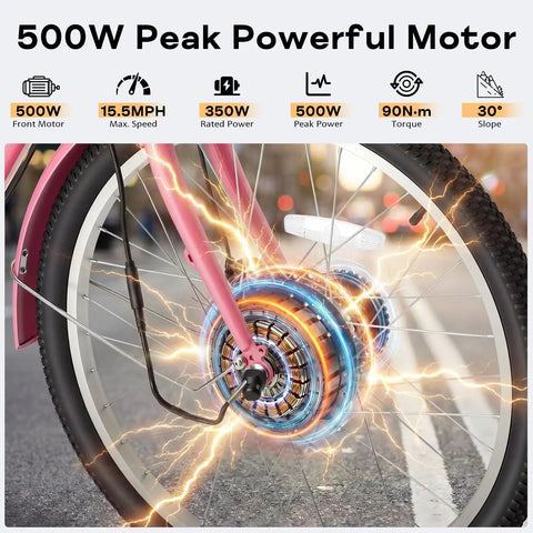Powerful 500W Brushless Electric Trike For Adults With Smooth Acceleration, Peak 500W And Sustained 350W Motor, Top Speed 15.5 MPH, Sweet For City Cruising, Light Trails, Easy Hills, Comfortable Daily Commute close-up of 500W front wheel motor