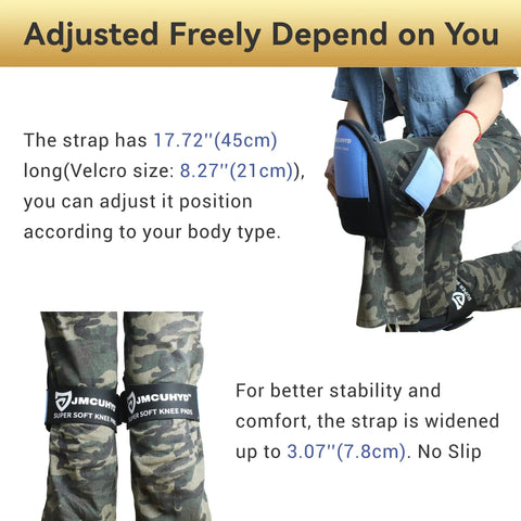 Waterproof Leatherette Knee Pads For Men with extra wide straps being adjusted on camo pants, focus on strap details.