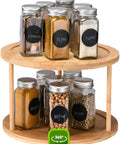 Double-layer bamboo Turntable Spice Rack with 10 condiment jars, 360-degree spin, for kitchen cabinets and pantry, 10 inch organizer