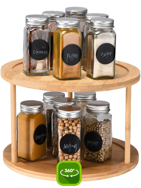 Double-layer bamboo Turntable Spice Rack with 10 condiment jars, 360-degree spin, for kitchen cabinets and pantry, 10 inch organizer