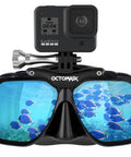Scuba Mask With Built-In GoPro Mount For All GoPro Hero Cameras, Ultra Soft Silicone Skirt, Fits Like A Glove For Diving, Snorkeling, And Freediving, Black, front view with GoPro mounted above the mask's lenses displaying underwater scene