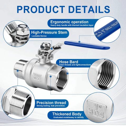 Diagram showing Two Pack Full Port Ball Valve Three Quarter Inch NPT Male To Female 304 Stainless Steel Heavy Duty Shut Off Valve