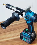 Pro Cordless Tapping Gun Machine With 21V Battery And ANSI Collets For M3 To M12 Taps, showing portable power tapper with grip.