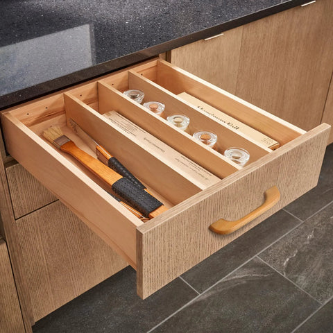 Kitchen drawer with installed Ten Pack Natural Beech Wood Cabinet Pulls Handles for cabinets and drawers, smooth surface.