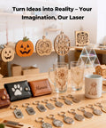 Various engraved wooden ornaments and metal keychains showcasing the precision of the Powerful 2500mW Laser Engraver With 130x130mm Work Area Ultra Fine 0.04mm Spot High Precision Laser Cutter And Engraving Machine For DIY Makers Free Software Included.