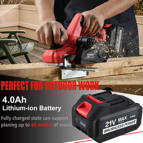 Person using Cordless Electric Hand Planer 21V 16,000 RPM with 3-1/4 inch planing width on wood, Li-ion battery shown