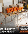 Heavy duty construction workbench with 1500 lbs rated load capacity, tools displayed on top, metal frame, and wooden surface.