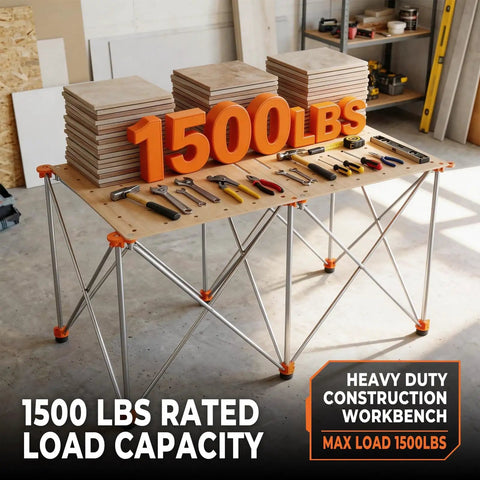 Heavy duty construction workbench with 1500 lbs rated load capacity, tools displayed on top, metal frame, and wooden surface.