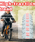 Child riding bike with 20x2.125 Inch Folding Tire Kit, puncture-resistant for BMX MTB, white all-terrain tread detail shown