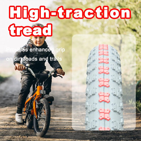 Child riding bike with 20x2.125 Inch Folding Tire Kit, puncture-resistant for BMX MTB, white all-terrain tread detail shown