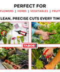 Ultra Light Long Reach Pruning Shears For Garden And Florist Use displayed with flowers, herbs, vegetables, and fruit.