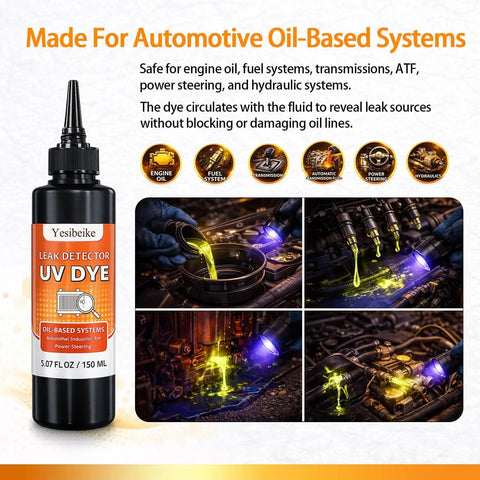 Oil Based UV Leak Detection Dye 150 Ml With Precision Nozzle for Dirty Engine Oil ATF Fuel and Hydraulic Systems bottle