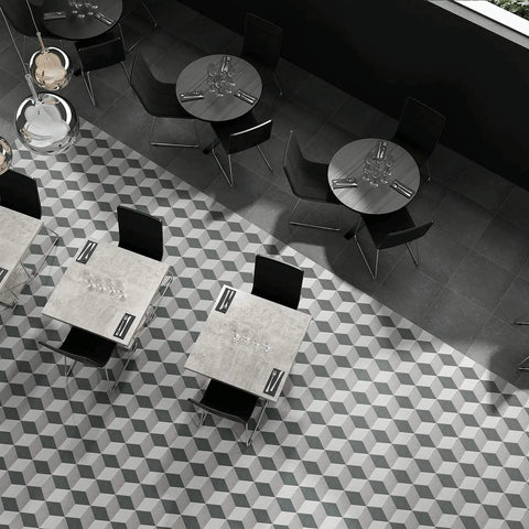 Hexagonal tiled floor with Gray Hex Porcelain Tile 8.63 Inch By 9.88 Inch Glazed Slightly Textured Low Sheen For Floor And Wall.