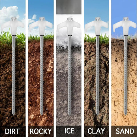 12 Pack 8 Inch Heavy Duty Screw In Tent Stakes Glow In The Dark Ground Anchors in various soil types demonstration