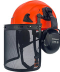 Kickass Vented Forestry Hard Hat With Integrated Mesh Face Shield And Washable Foam Liner Built Rock Solid For The Daily Grind Ansi Certified Orange Safety Helmet with ear protection.