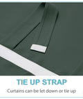 Close-up of easy no drill install French door curtain panel, 69 inch length, dark green with adhesive strap for patio doors.