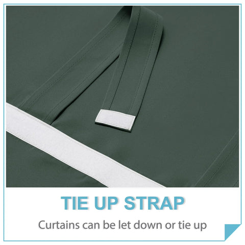Close-up of easy no drill install French door curtain panel, 69 inch length, dark green with adhesive strap for patio doors.