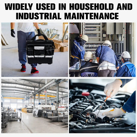 Beefy Heavy Duty Rolling Tool Bag With Wheels, used in industrial and household maintenance settings, carried by a worker.