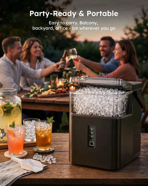 No Sweat Countertop Nugget Ice Maker With Easy Grip Handle Produces Up To 38 Pounds Of Chewable Ice Daily on wooden table with drinks.