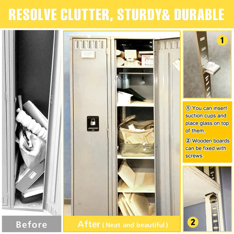 Heavy Duty Adjustable Shelf Brackets Rock Solid Wall Mount Shelf Standards Rustproof Stainless Steel Closet Organizers 40 Inch 8 Pack in organized locker.