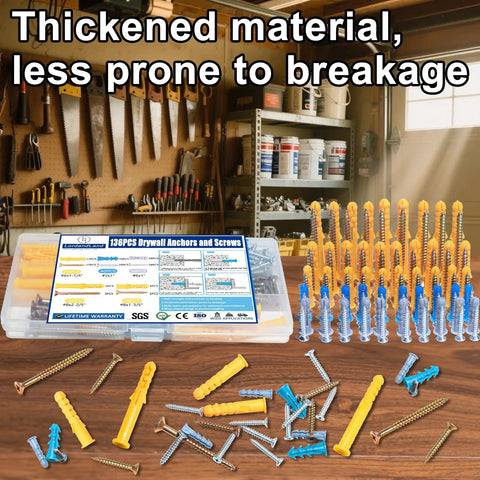 136 Piece Drywall Anchors And Screws Set With Plastic Expansion Anchors And Philips Flat Head Wood Screws displayed in workshop