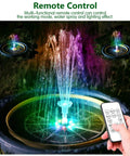 Colorful LED Solar Fountain Pump With 3000mAh Battery Remote Control 8 Nozzles Quiet Operation Outdoor Garden Pond Bird Bath Water Feature For Dope Nighttime Glow showing remote control and multi-color lights