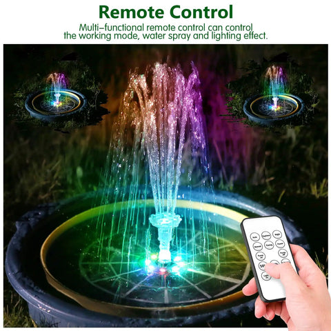 Colorful LED Solar Fountain Pump With 3000mAh Battery Remote Control 8 Nozzles Quiet Operation Outdoor Garden Pond Bird Bath Water Feature For Dope Nighttime Glow showing remote control and multi-color lights