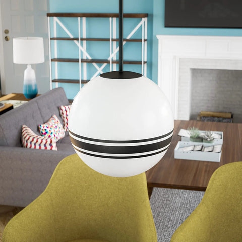 Pan 1 Light Pendant In Black With Round Milk Glass Shade And Black Stripes For Modern Home Lighting, 11.375 Inch, in living room