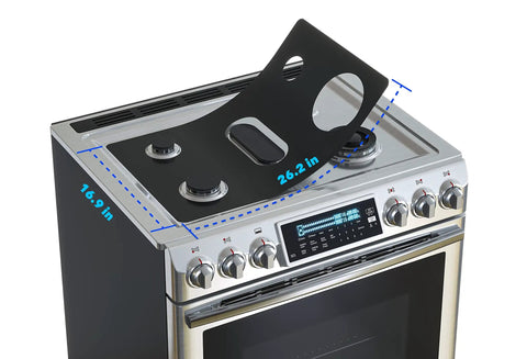 Custom Fit Gas Stove Top Cover Protector For Your Burner Area placed on NX58M6630SG stove showing fit and dimensions