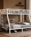 Heavy Duty Twin Over Full Metal Bunk Bed With Dual Ladders Rock Solid Steel Construction White Finish in modern bedroom setting.