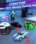 One Sixty Fourth Scale Drift RC Car 4WD With LED Lights And Speed Switch, blue and green models on a desk with cones, for ages 6-12